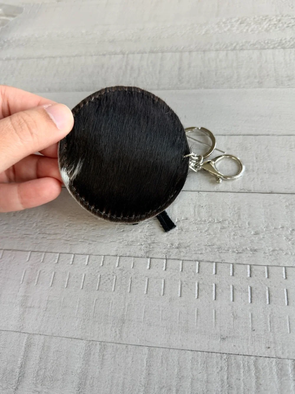 Western Round Grey Cowhide Keychain with Black Tassel
